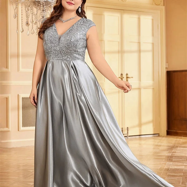 XUIBOL Plus Size Luxury Gold Satin V-Neck Evening Dress