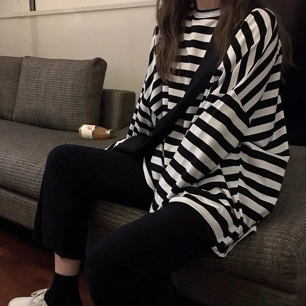 Spring Autumn Women Harajuku Striped T-Shirt