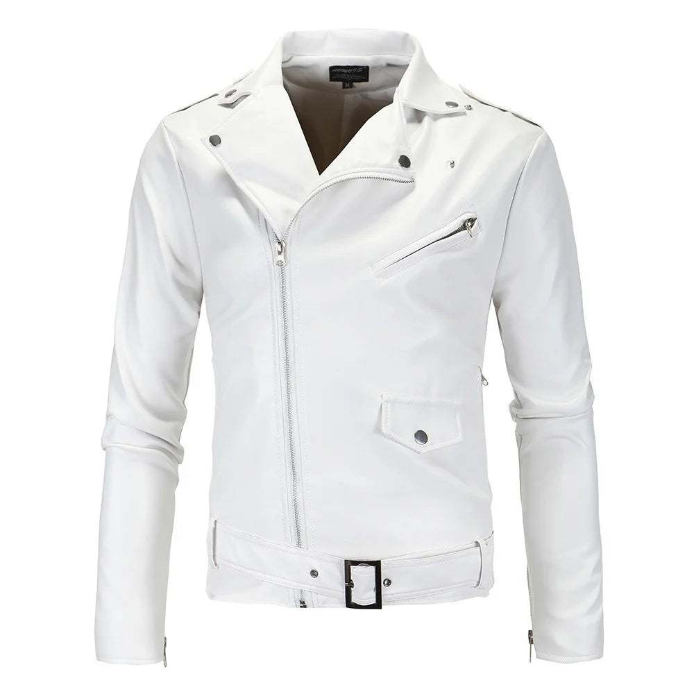 Men's Casual Lapel Slim Fit Diagonal Zipper Leather Jacket