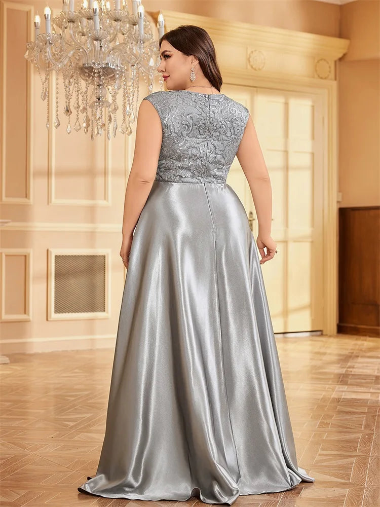 XUIBOL Plus Size Luxury Gold Satin V-Neck Evening Dress