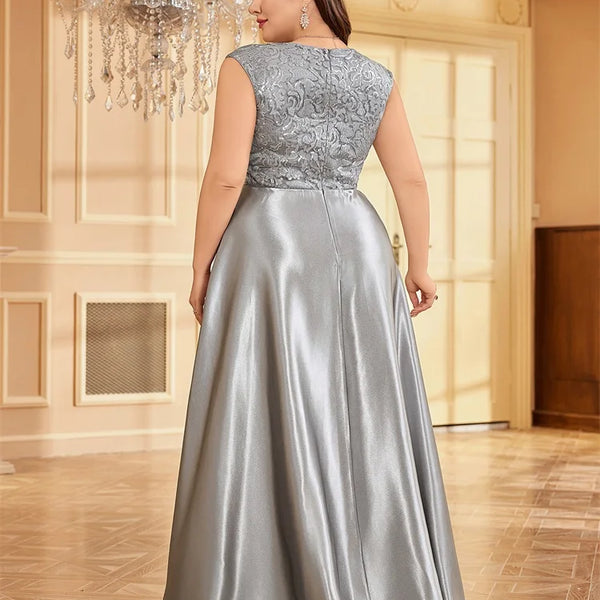 XUIBOL Plus Size Luxury Gold Satin V-Neck Evening Dress