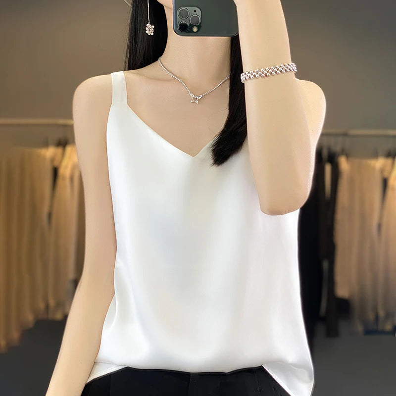 Spring and Summer New Mulberry Silk V-Neck Halter Top