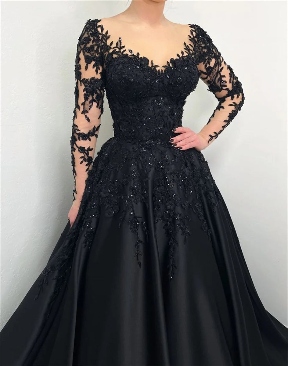 Sansa Black Lace Embroidery Beaded Tulle Prom Dress