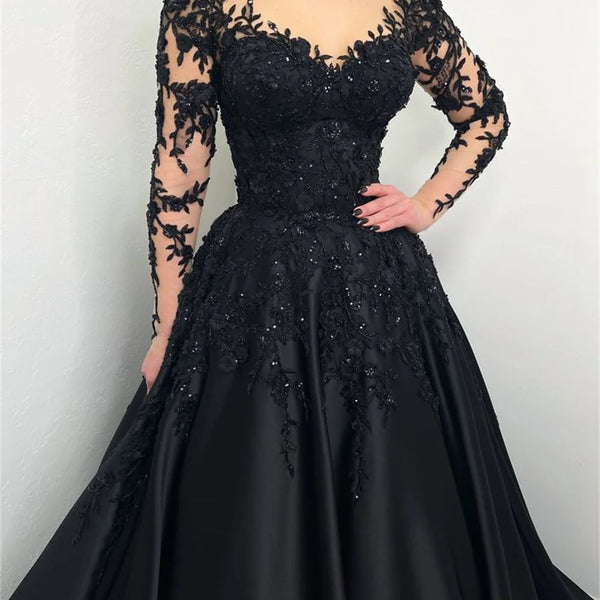 Sansa Black Lace Embroidery Beaded Tulle Prom Dress