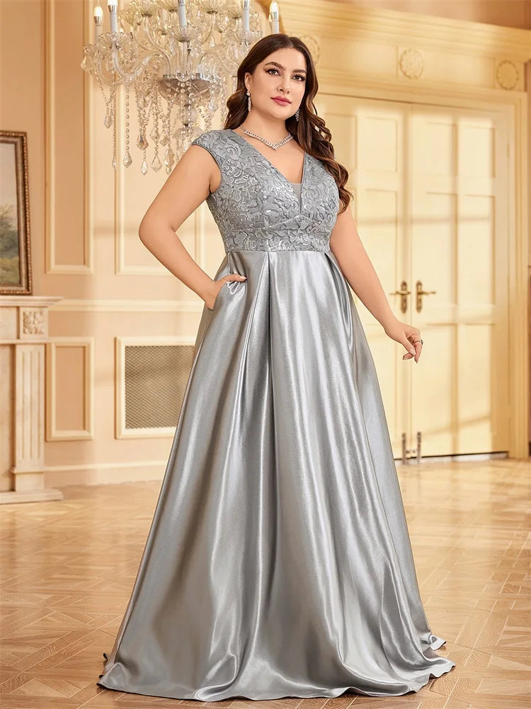 XUIBOL Plus Size Luxury Gold Satin V-Neck Evening Dress