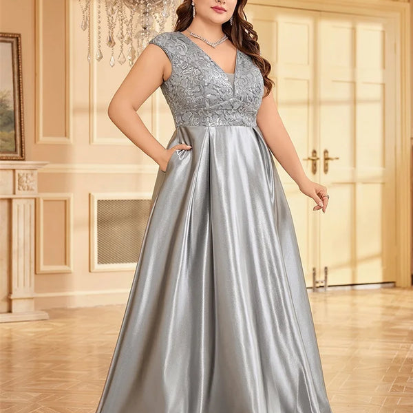 XUIBOL Plus Size Luxury Gold Satin V-Neck Evening Dress