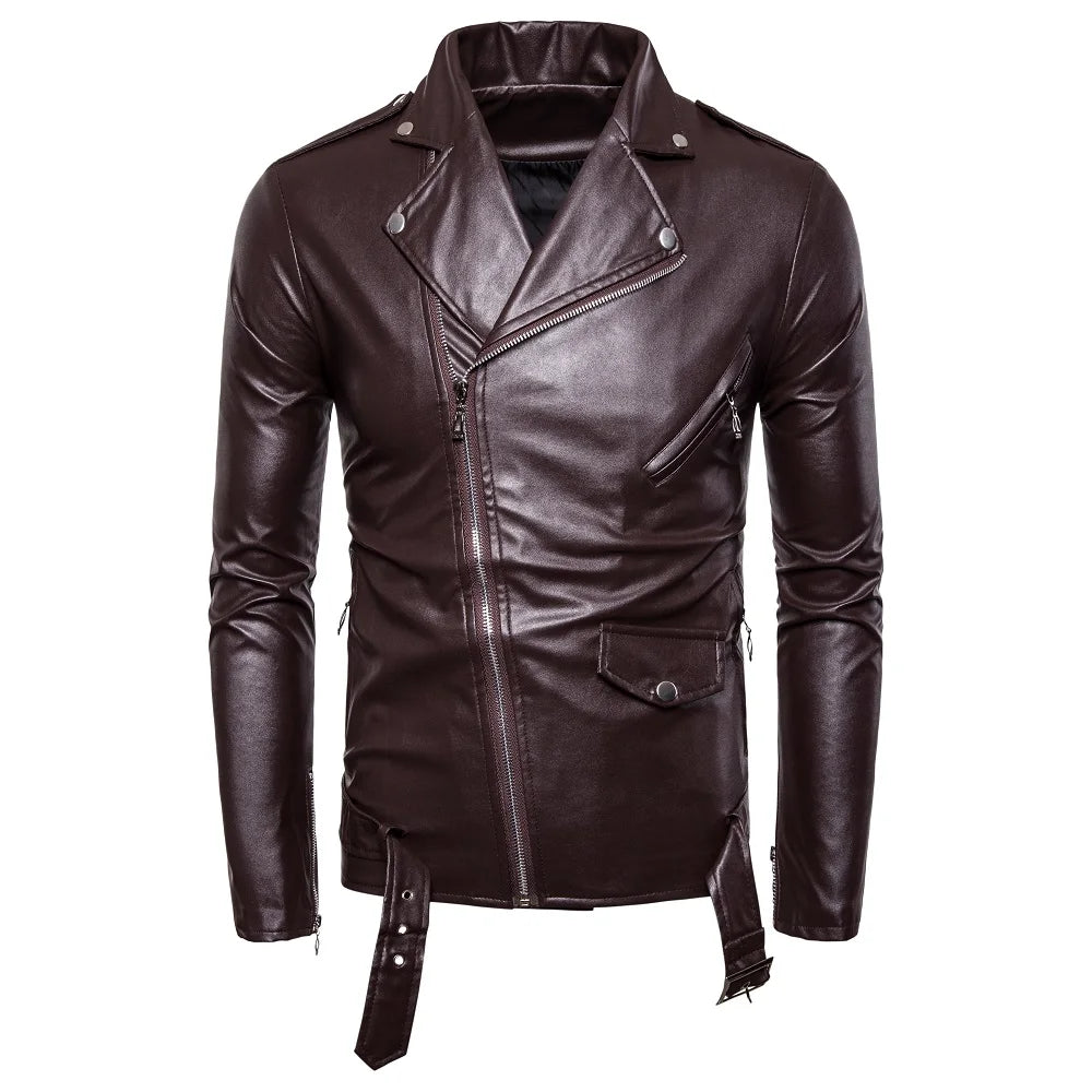 Men's Casual Lapel Slim Fit Diagonal Zipper Leather Jacket