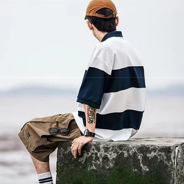 Japanese Retro Striped Polo Shirt for Men