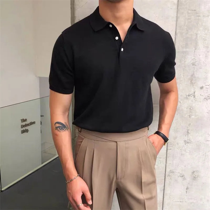 Solid Color Knitted Polo Shirt