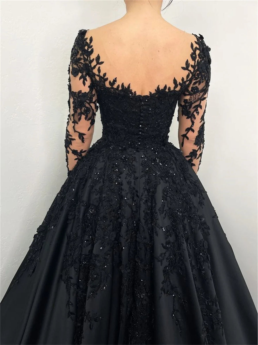 Sansa Black Lace Embroidery Beaded Tulle Prom Dress