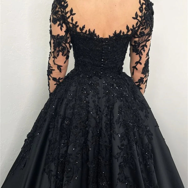 Sansa Black Lace Embroidery Beaded Tulle Prom Dress