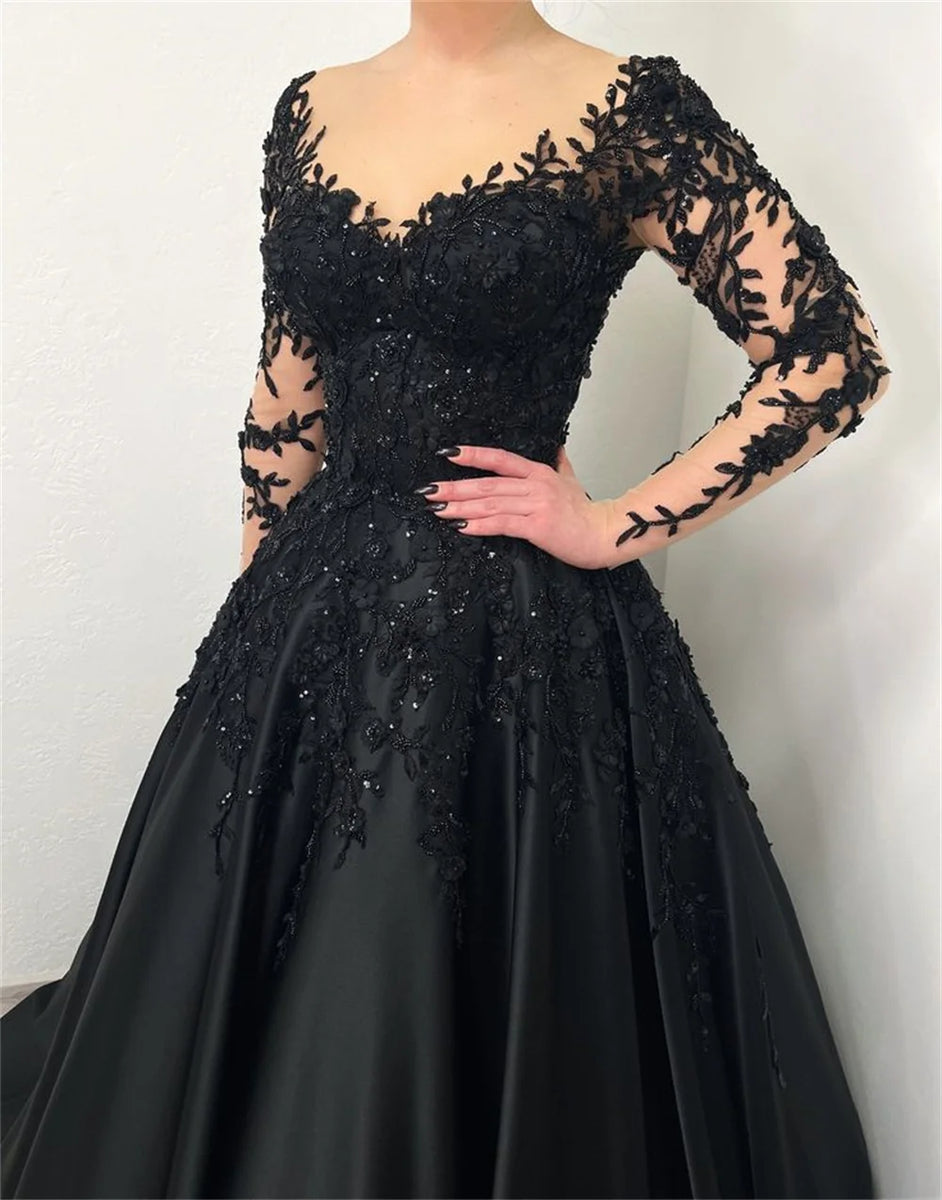 Sansa Black Lace Embroidery Beaded Tulle Prom Dress