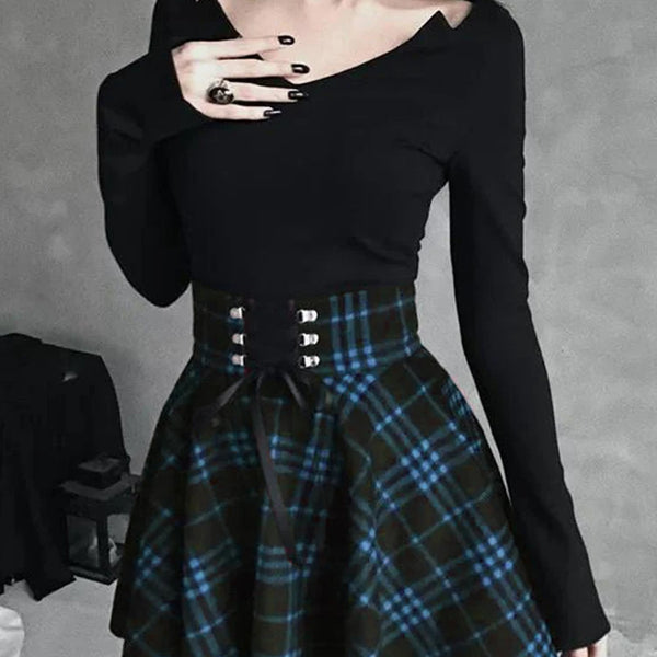 Black Checkered Gothic Pleated Mini Skirt