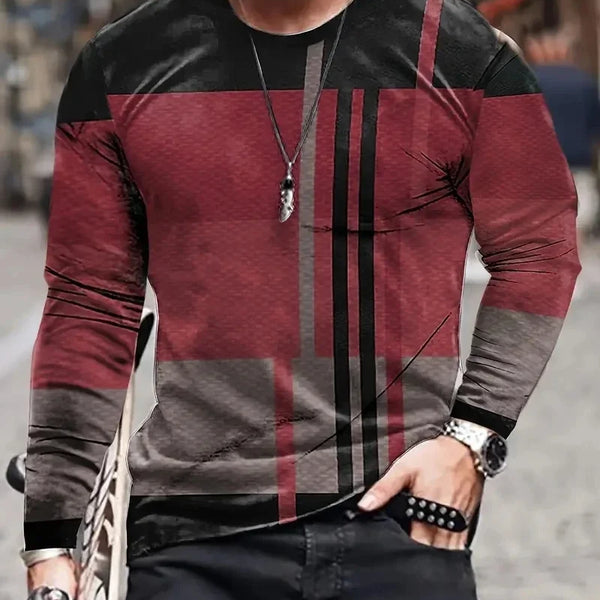 Men's Long Sleeve Retro 3D Print Color Block T-shirt