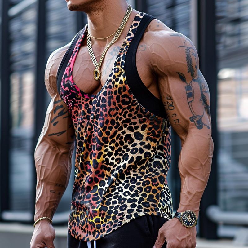 Men's Sexy U-Neck Leopard Print Patchwork Tank Top