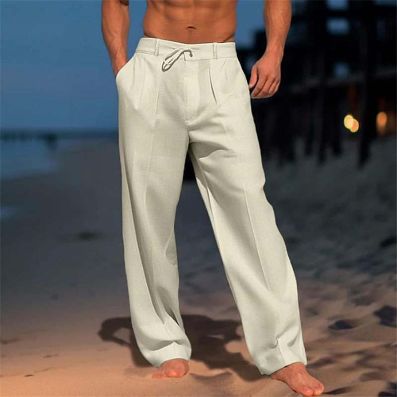 Men's Linen Solid Color Vacation Basic Beach Pants